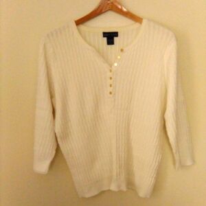 Karen Scott White Cotton Cable Knit Pullover Sweater with Gold Buttons Size L